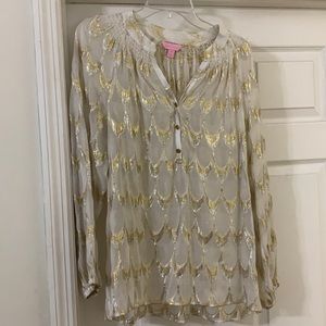 Lilly Pulitzer Blouse w/ Gold Scallop Metallic Print